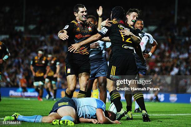 Charlie Ngatai of the Chiefs celebrates after scoring his third try during the round five Super Rugby match between the Chiefs and the Western Force...