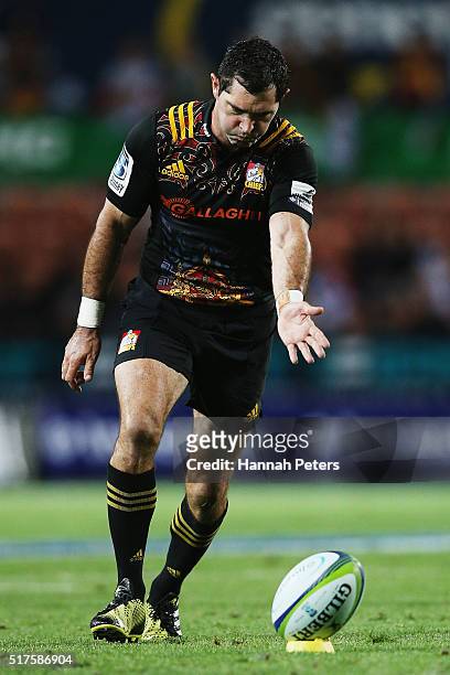 Stephen Donald of the Chiefs kicks a conversion during the round five Super Rugby match between the Chiefs and the Western Force at FMG Stadium on...
