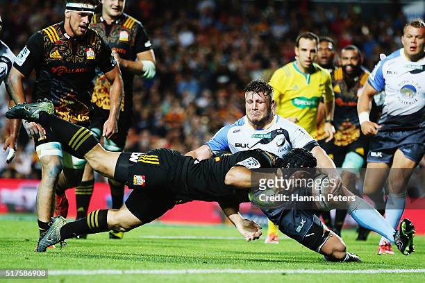 Charlie Ngatai of the Chiefs dives over to score his fourth try during the round five Super Rugby match between the Chiefs and the Western Force at...