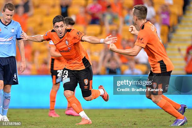 Dimitri Petratos of the Roar celebrates scoring a goal during the round 25 A-League match between the Brisbane Roar and Sydney FC at Suncorp Stadium...