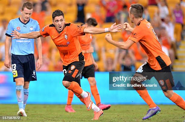 Dimitri Petratos of the Roar celebrates scoring a goal during the round 25 A-League match between the Brisbane Roar and Sydney FC at Suncorp Stadium...