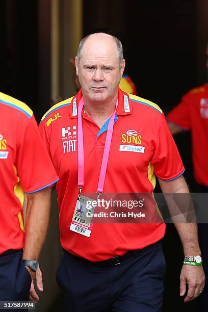 Suns coach Rodney Eade looks on during the round one AFL match between the Gold Coast Suns and the Essendon Bombers at Metricon Stadium on March 26,...