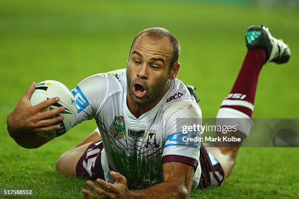 Brett Stewart of the Eagles dives to regather the ball after dropping it during the round four NRL match between the Sydney Roosters and the Manly...