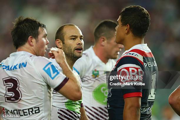 Brett Stewart of the Eagles and Latrell Mitchell of the Roosters exchange words during the round four NRL match between the Sydney Roosters and the...