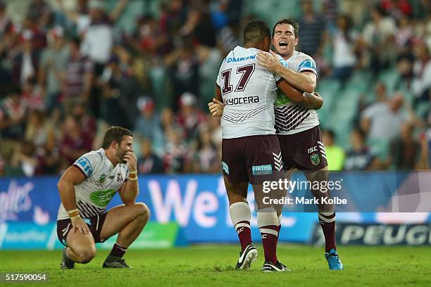 Siosaia Vave and Jamie Lyon of the Eagles celebrate victory during the round four NRL match between the Sydney Roosters and the Manly Sea Eagles at...