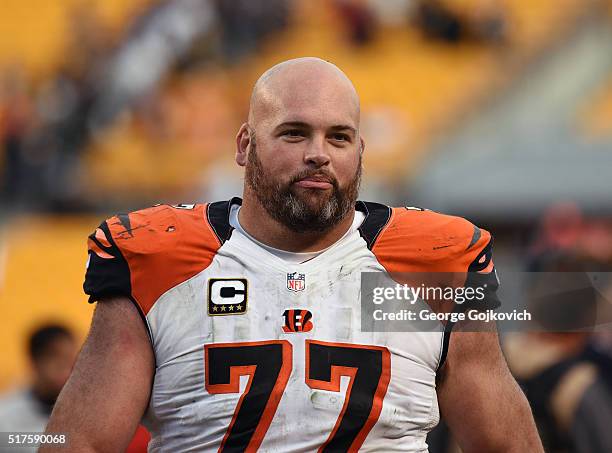 Offensive lineman Andrew Whitworth of the Cincinnati Bengals looks on from the field after a game against the Pittsburgh Steelers at Heinz Field on...