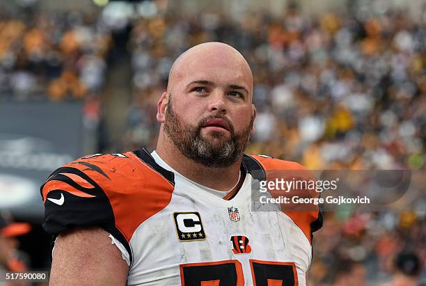 Offensive lineman Andrew Whitworth of the Cincinnati Bengals looks on from the field after a game against the Pittsburgh Steelers at Heinz Field on...