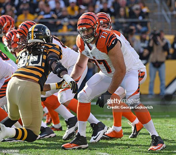 Offensive lineman Andrew Whitworth of the Cincinnati Bengals blocks during a game against the Pittsburgh Steelers at Heinz Field on November 1, 2015...