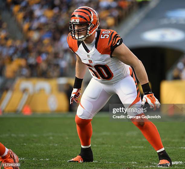 Linebacker A.J. Hawk of the Cincinnati Bengals looks on from the field during a game against the Pittsburgh Steelers at Heinz Field on November 1,...