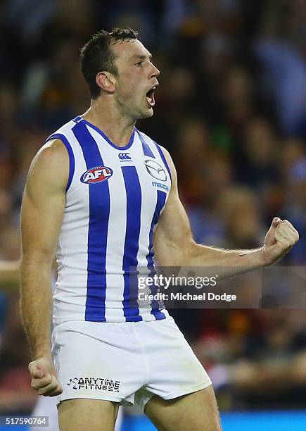 Todd Goldstein of the Kangaroos celebrates a goal during the round one AFL match between the North Melbourne Kangaroos and the Adelaide Crows at...