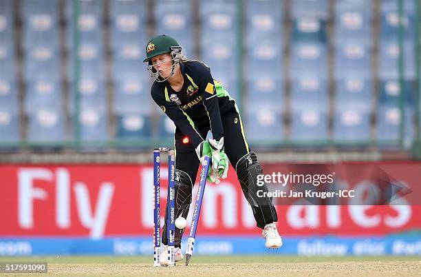 Alyssa Healy of Australia guards the stumps in a run out attempt during the Women's ICC World Twenty20 India 2016 match between Australia and Ireland...
