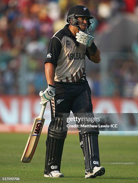 Ross Taylor of New Zealand walks off, after being caught by Mohammad Mithun of Bangladesh during the ICC World Twenty20 India 2016 match between...