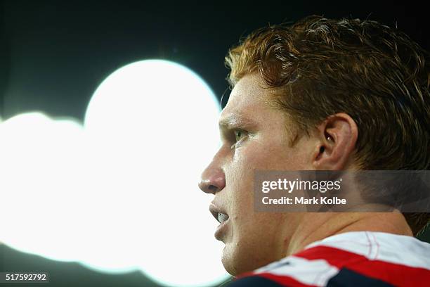 Dylan Napa of the Roosters watches on during the round four NRL match between the Sydney Roosters and the Manly Sea Eagles at Allianz Stadium on...