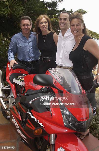 Wayne Gardner, Donna Gardner, Johnny Kahlbetzer and Wayne Gardner's current wife Toni at the launch of "Leathers" by Donna Gardner, at Windemere in...