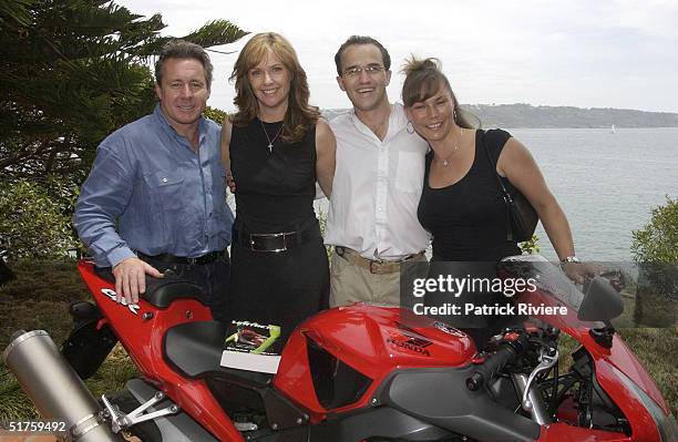 Wayne Gardner, Donna Gardner, Johnny Kahlbetzer and Wayne Gardner's current wife Toni at the launch of "Leathers" by Donna Gardner, at Windemere in...