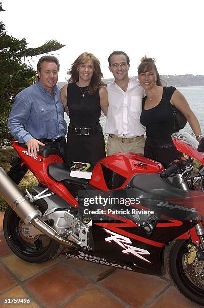 Wayne Gardner, Donna Gardner, Johnny Kahlbetzer and Wayne Gardner's current wife Toni at the launch of "Leathers" by Donna Gardner, at Windemere in...