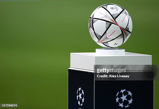 The official match ball is seen prior to the UEFA Champions League Round of 16 Second Leg match between Manchester City FC and FC Dynamo Kyiv at...