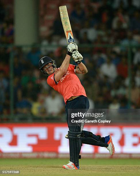 Jason Roy of England hits out for six runs during the ICC World Twenty20 India 2016 Group 1 match between England and Sri Lanka at Feroz Shah Kotla...