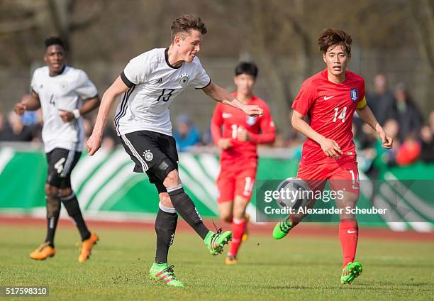 Fabian Reese of Germany challenges Chanhee Han of South Korea during the international friendly match between Germany and South Korea on March 26,...