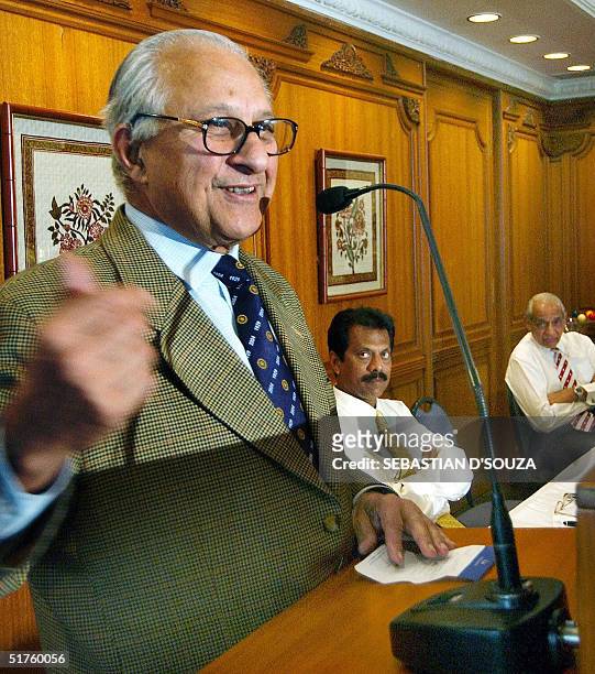 Pakistan's Cricket Board President Sheharyar Khan gestures during a meet with former Indian cricketers and journalists as former Bombay cricket...