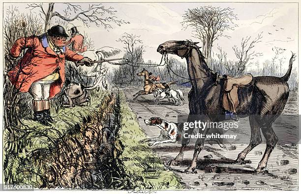 angry foxhunting man whose horse is refusing a jump - beagle stock illustrations