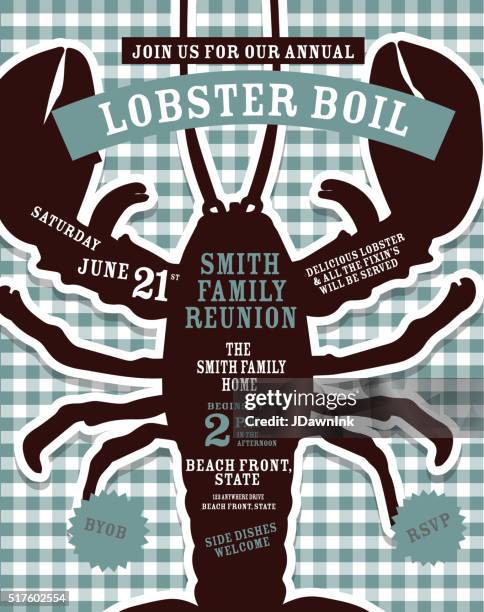 lobster boil invitation design template brown and gray tablecloth background - boiling lobster stock illustrations