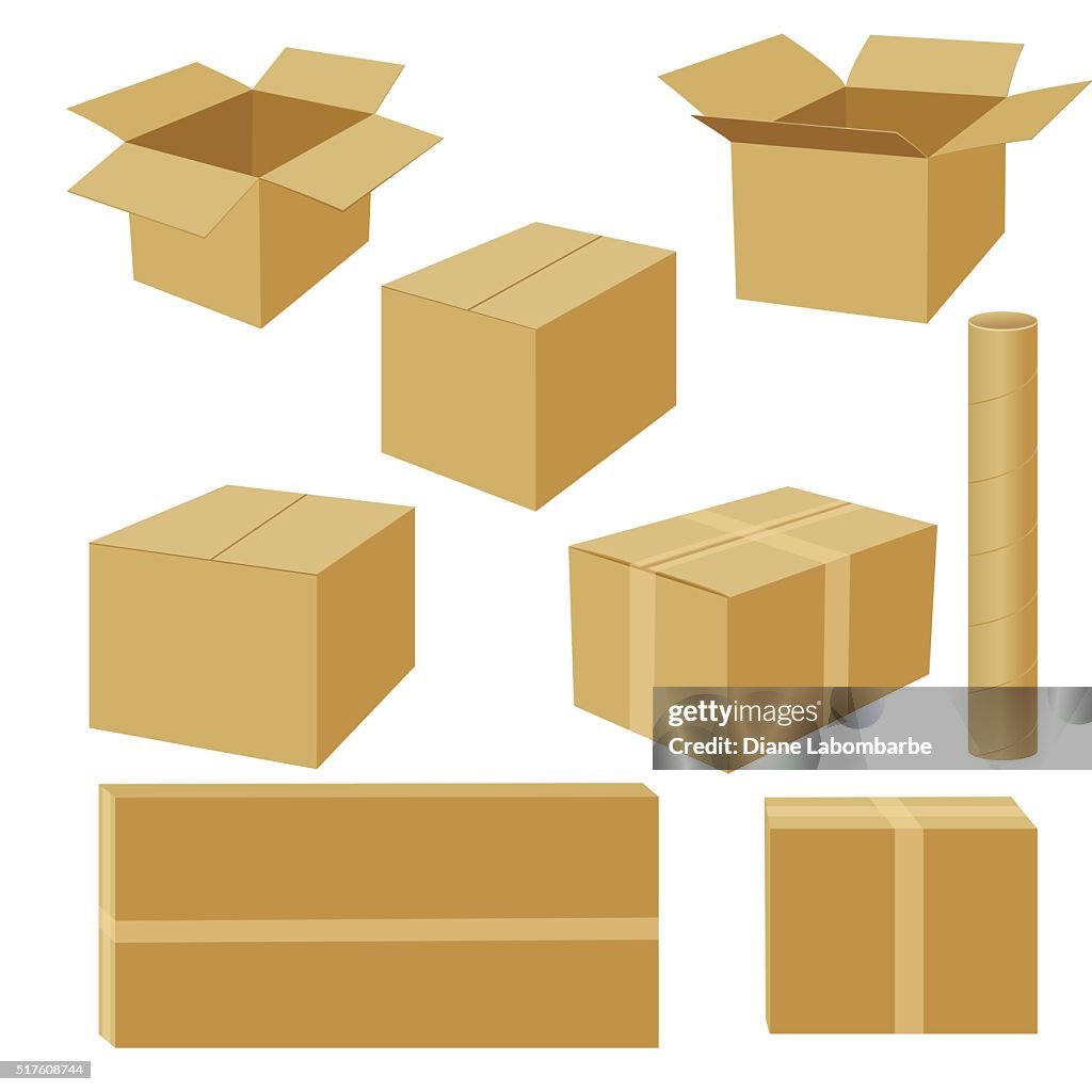 Set Of 3d Cardboard Packing Boxes And Mailing Tubes High-Res Vector ...
