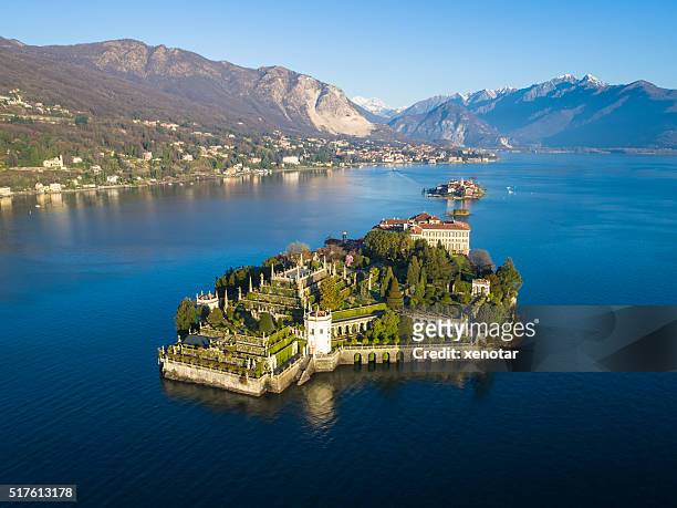 isola bella on lake maggiore from bird view - isola bella lake maggiore stock pictures, royalty-free photos & images