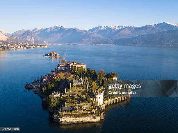 isola bella on lake maggiore from bird view - lake maggiore stock pictures, royalty-free photos & images