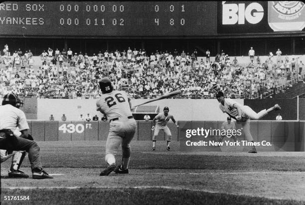 American baseball player Dave Righetti, pitcher for the New York Yankees, strikes out Wade Boggs of the Boston Red Sox in the first no-hitter in...