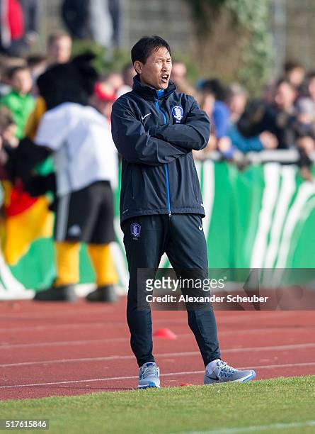 Head coach Iksoo An reacts during the international friendly match between Germany and South Korea on March 26, 2016 in Ingelheim, Germany.