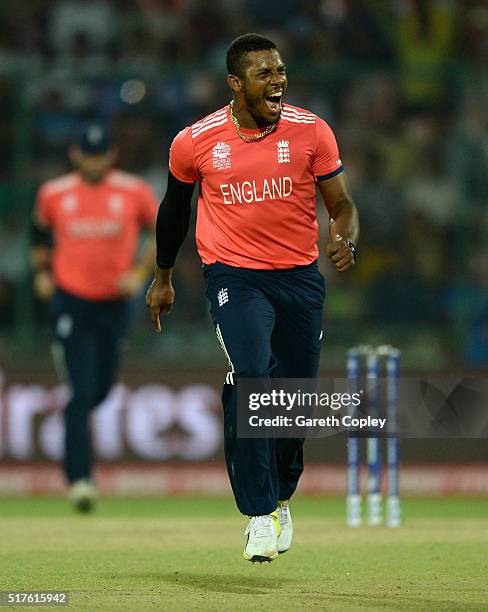 Chris Jordan of England celebrates dismissing Dinesh Chandimal of Sri Lanka during the ICC World Twenty20 India 2016 Group 1 match between England...
