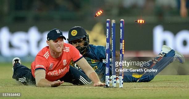 Ben Stokes of England runs out Lahiru Thirimanne of Sri Lanka during the ICC World Twenty20 India 2016 Group 1 match between England and Sri Lanka at...