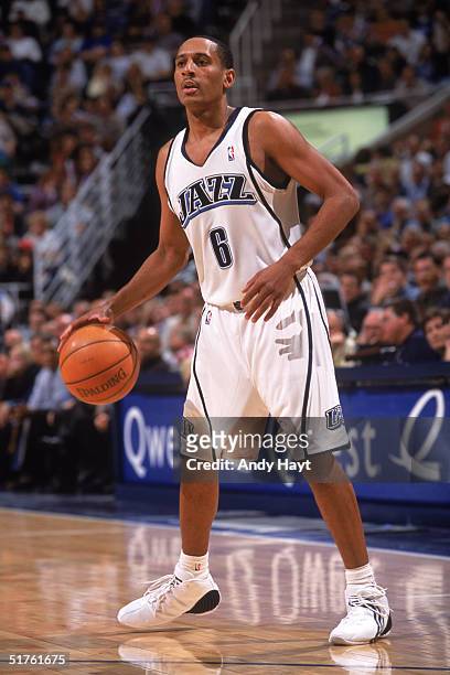 Howard Eisley of the Utah Jazz looks to advance the ball during a game against the Toronto Raptors at Delta Center on November 10, 2004 in Salt Lake...