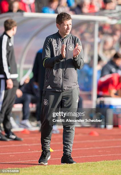 Head coach Guido Streichsbier of Germany reacts during the international friendly match between Germany and South Korea on March 26, 2016 in...