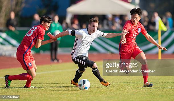 Chiin Jeong of South Korea and Youngwook Cho of South Korea challenges Matthias Bader of Germany during the international friendly match between...