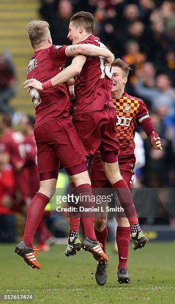 Bradford City AFC celebrate scoring the opening goal during the Sky Bet League One match between Bradford City AFC and Millwall FC at Coral Windows...