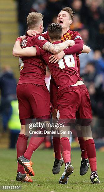 Bradford City AFC celebrate scoring the opening goal during the Sky Bet League One match between Bradford City AFC and Millwall FC at Coral Windows...