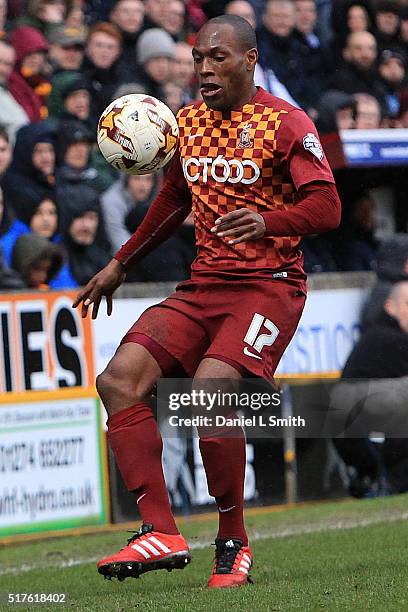 Kyel Reid of Bradford City AFC in action during the Sky Bet League One match between Bradford City AFC and Millwall FC at Coral Windows Stadium on...