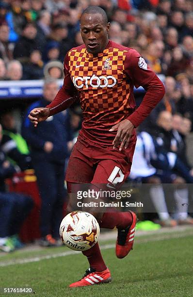 Kyel Reid of Bradford City AFC in action during the Sky Bet League One match between Bradford City AFC and Millwall FC at Coral Windows Stadium on...