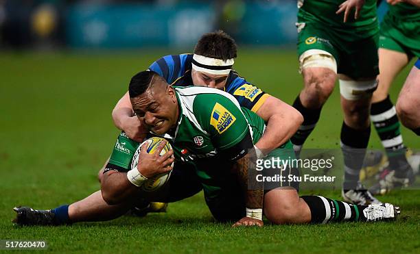 Irish prop Halani Aulika is tackled by Nick Schonert of Worcester during the Aviva Premiership match between Worcester Warriors and London Irish at...
