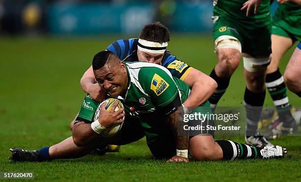 Irish prop Halani Aulika is tackled by Nick Schonert of Worcester during the Aviva Premiership match between Worcester Warriors and London Irish at...