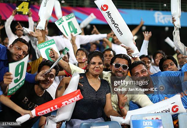 Fans cheer during the ICC World Twenty20 India 2016 Super 10s Group 1 match between England and Sri Lanka at The Feroz Shah Kotla Cricket Ground on...