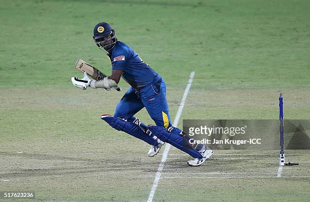 Angelo Mathews of Sri Lanka bats during the ICC World Twenty20 India 2016 Super 10s Group 1 match between England and Sri Lanka at The Feroz Shah...