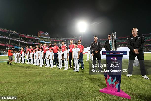 England players line up for the national anthem during the ICC World Twenty20 India 2016 Super 10s Group 1 match between England and Sri Lanka at The...