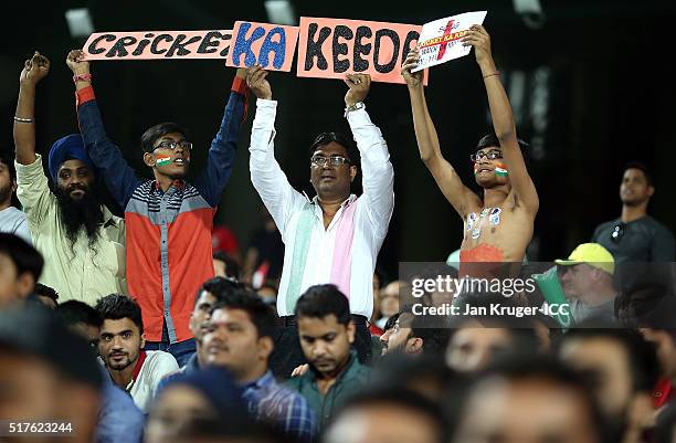 Fans cheer during the ICC World Twenty20 India 2016 Super 10s Group 1 match between England and Sri Lanka at The Feroz Shah Kotla Cricket Ground on...