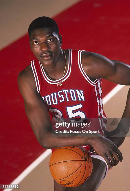 Akeem Olajuwon of the Houston Cougars poses for a portrait circa 1983.