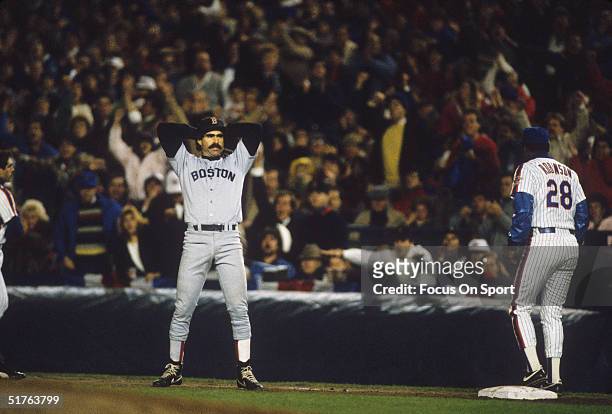 First baseman Bill Buckner of the Boston Red Sox shows his frustration after a close call at first base went against the Red Sox during the World...