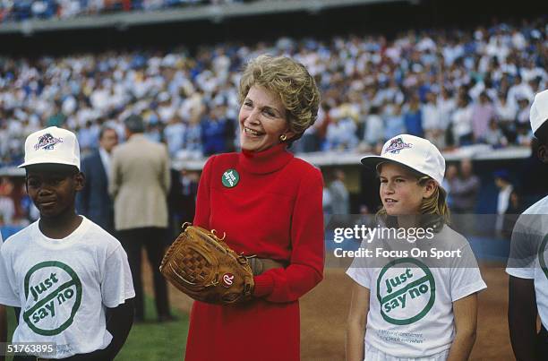 Nancy Reagan takes part in a program ceremony with "Just Say No" supporting kids in 1988.