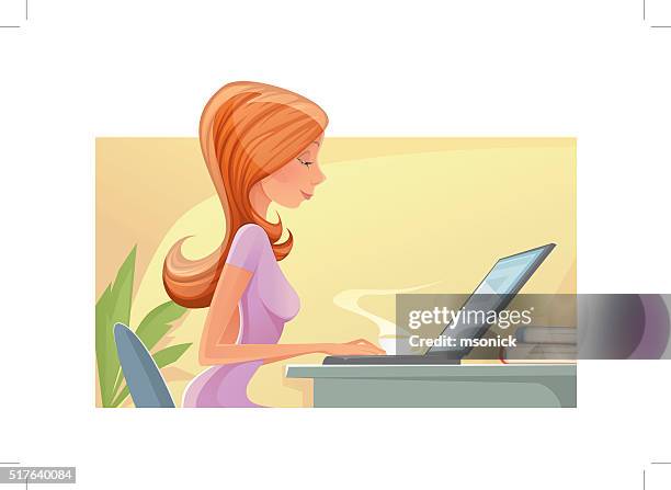 woman with laptop - laptop netbook stock illustrations